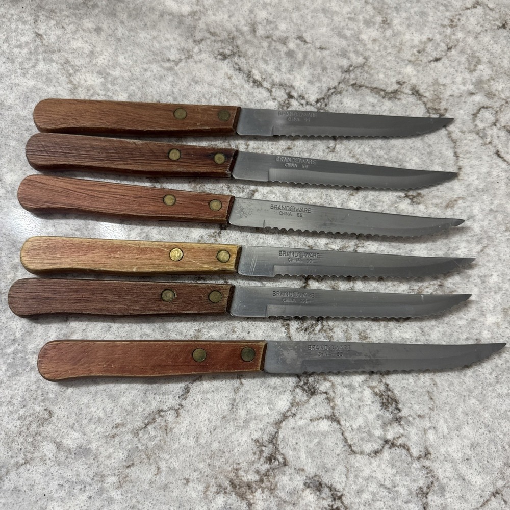 6 Vintage Brand Ware Stainless Steel Steak Knives Wooden Handles Dainty
